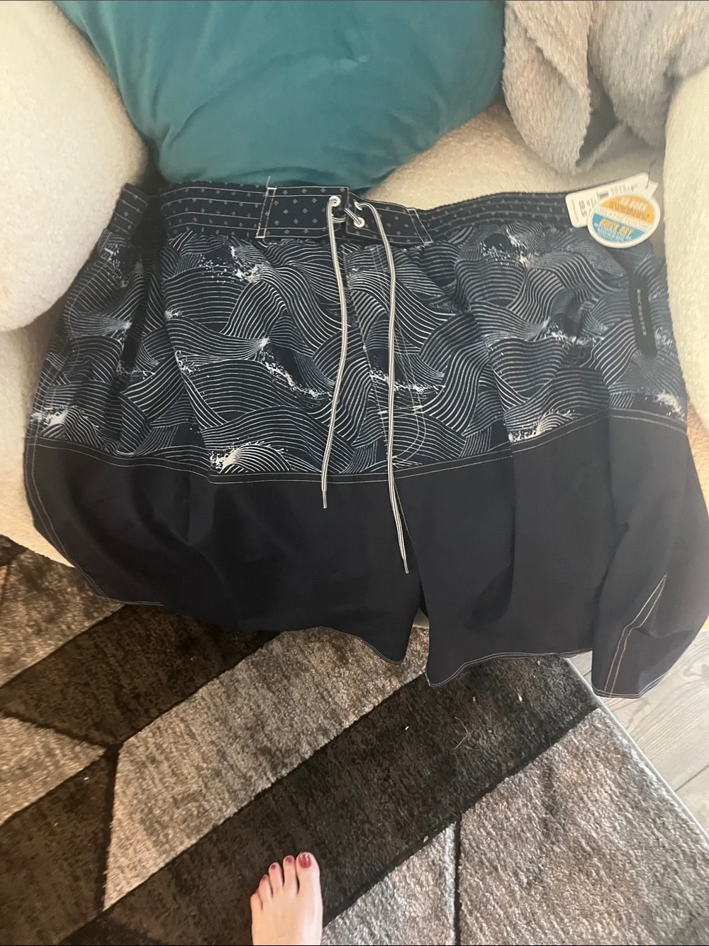 Men's Athletic Swim Shorts in Navy with Wave Pattern
